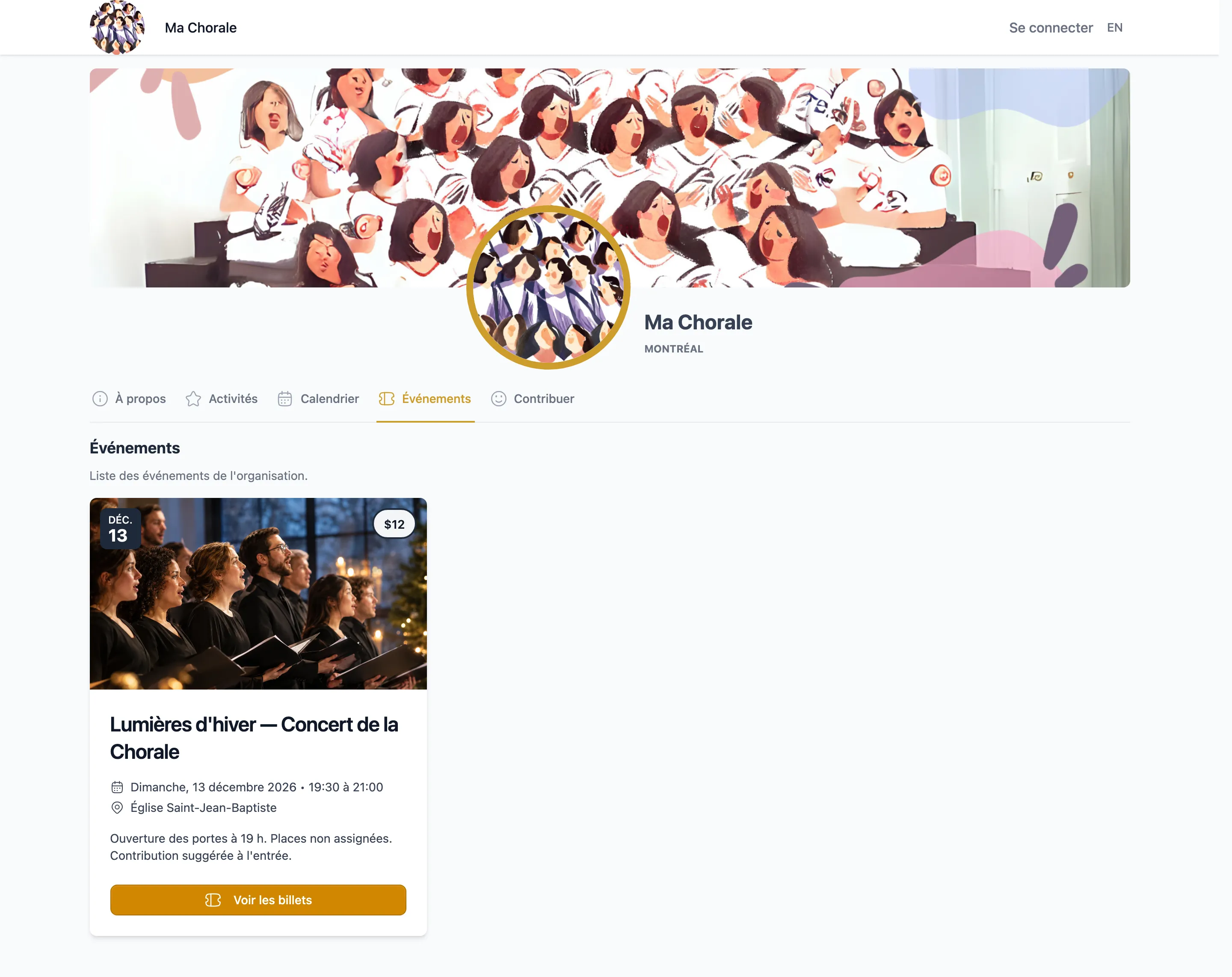 L’onglet Événements du profil public d’une chorale