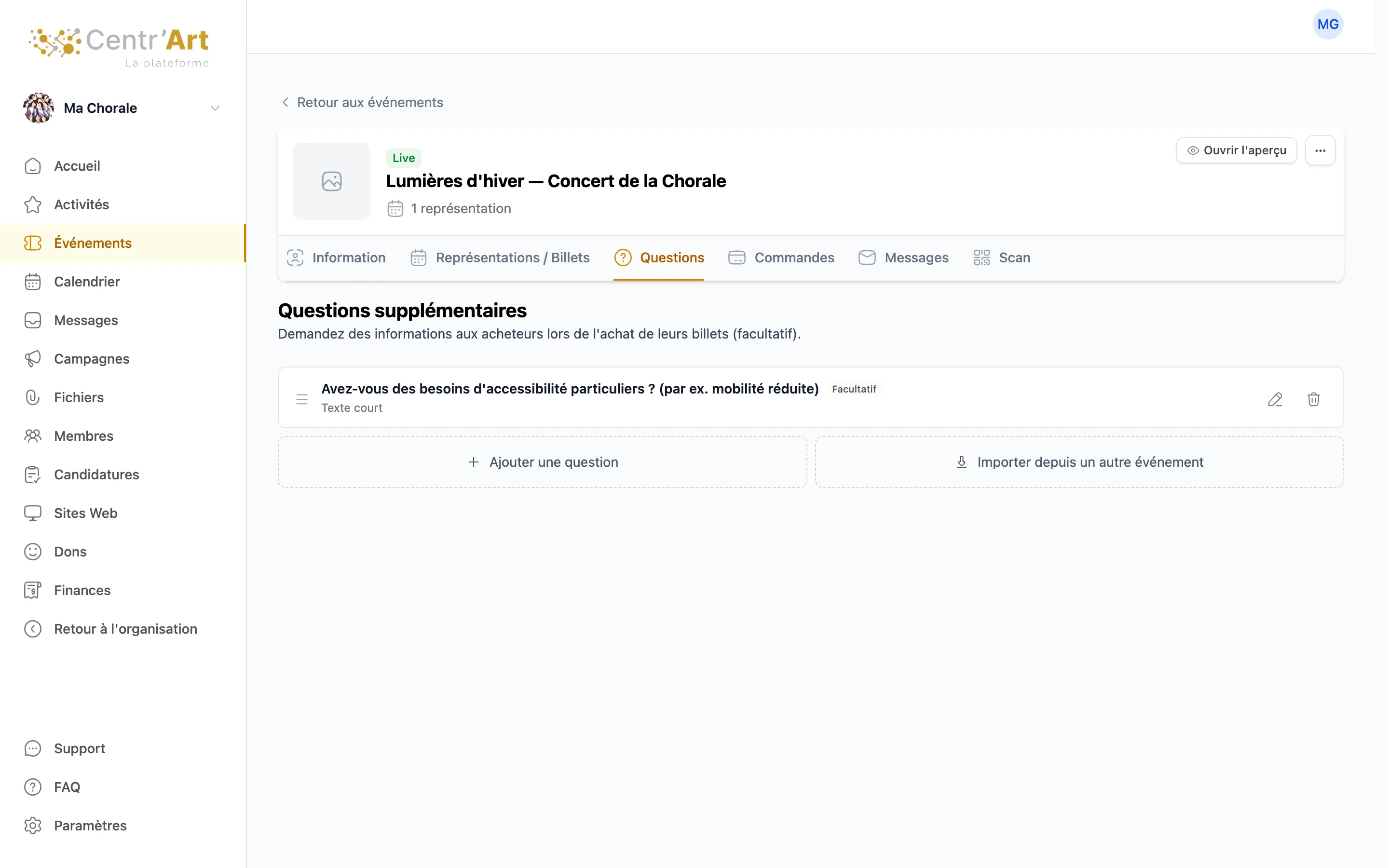 L’événement publié, avec l’étiquette Live