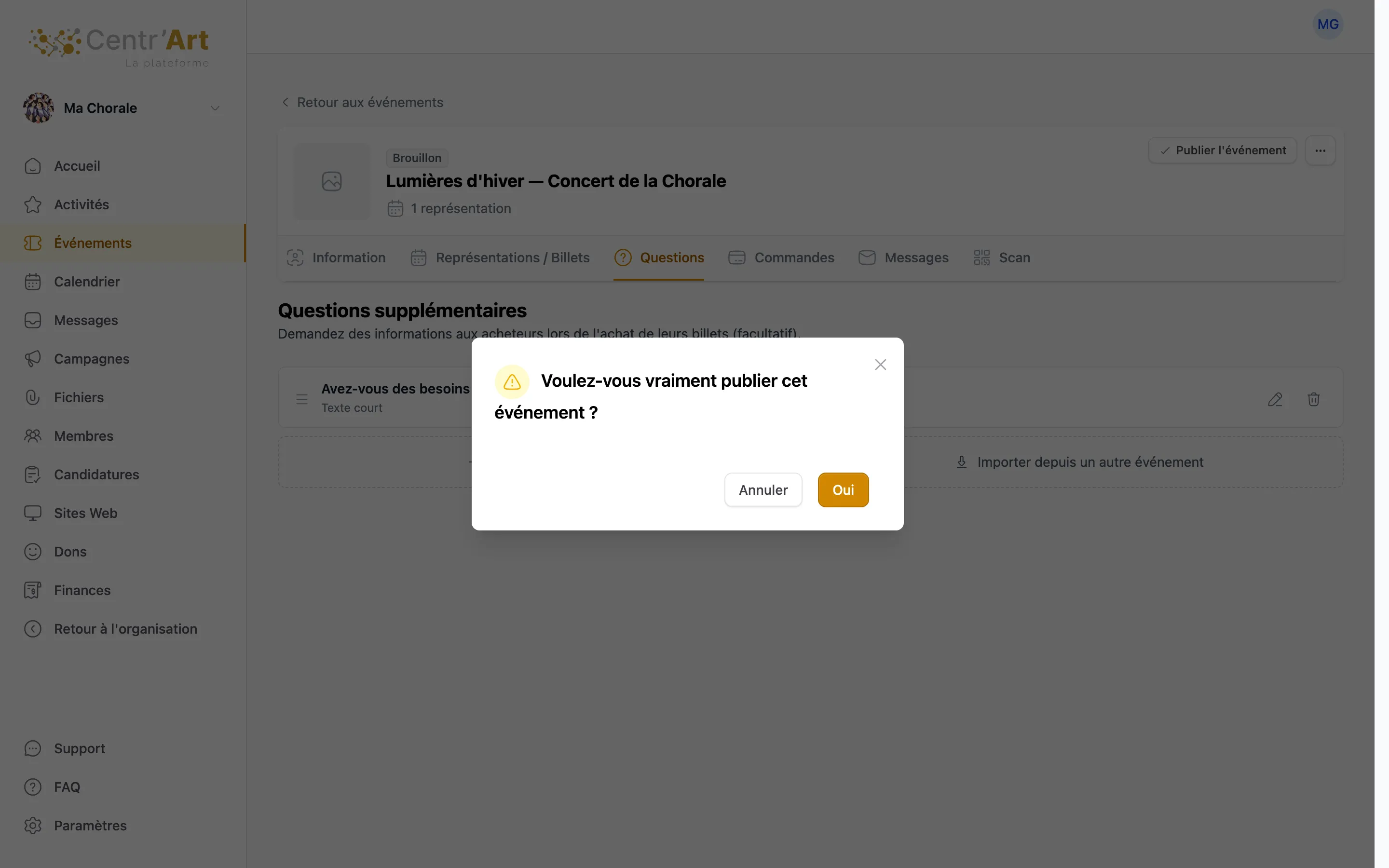 La fenêtre de confirmation de publication